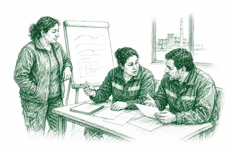 Facilitadora y participantes practican con documentos y un papelógrafo.